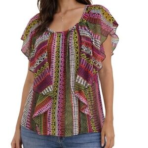 Madison Woman Pink Green Geometric Ruffle Flutter Sleeve 1X Chiffon Blouse light
